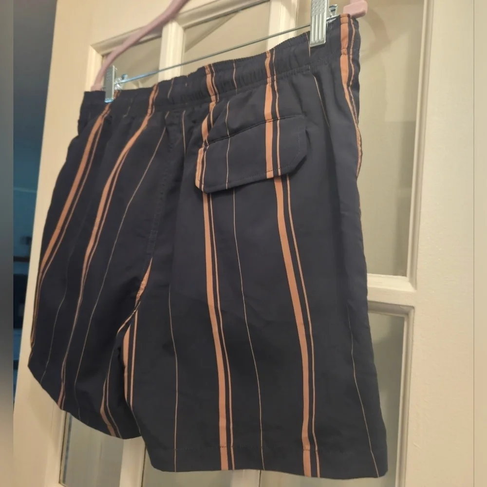The Kooples Navy Blue & Gold Swim Trunks W/ Stripes & Zip-Up Pockets